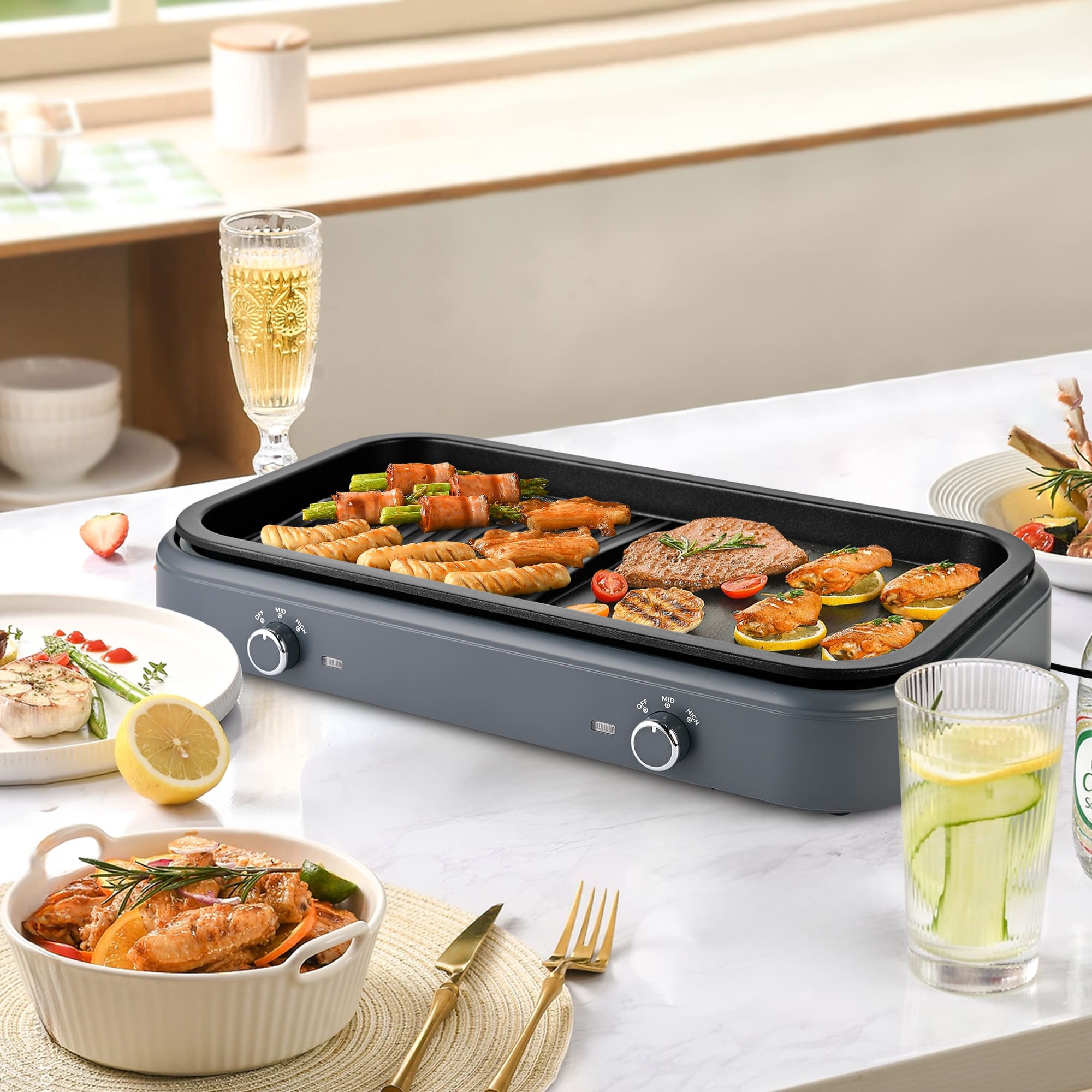 SUSTEAS Electric Grill,1500W Temperature Control, Gray Color