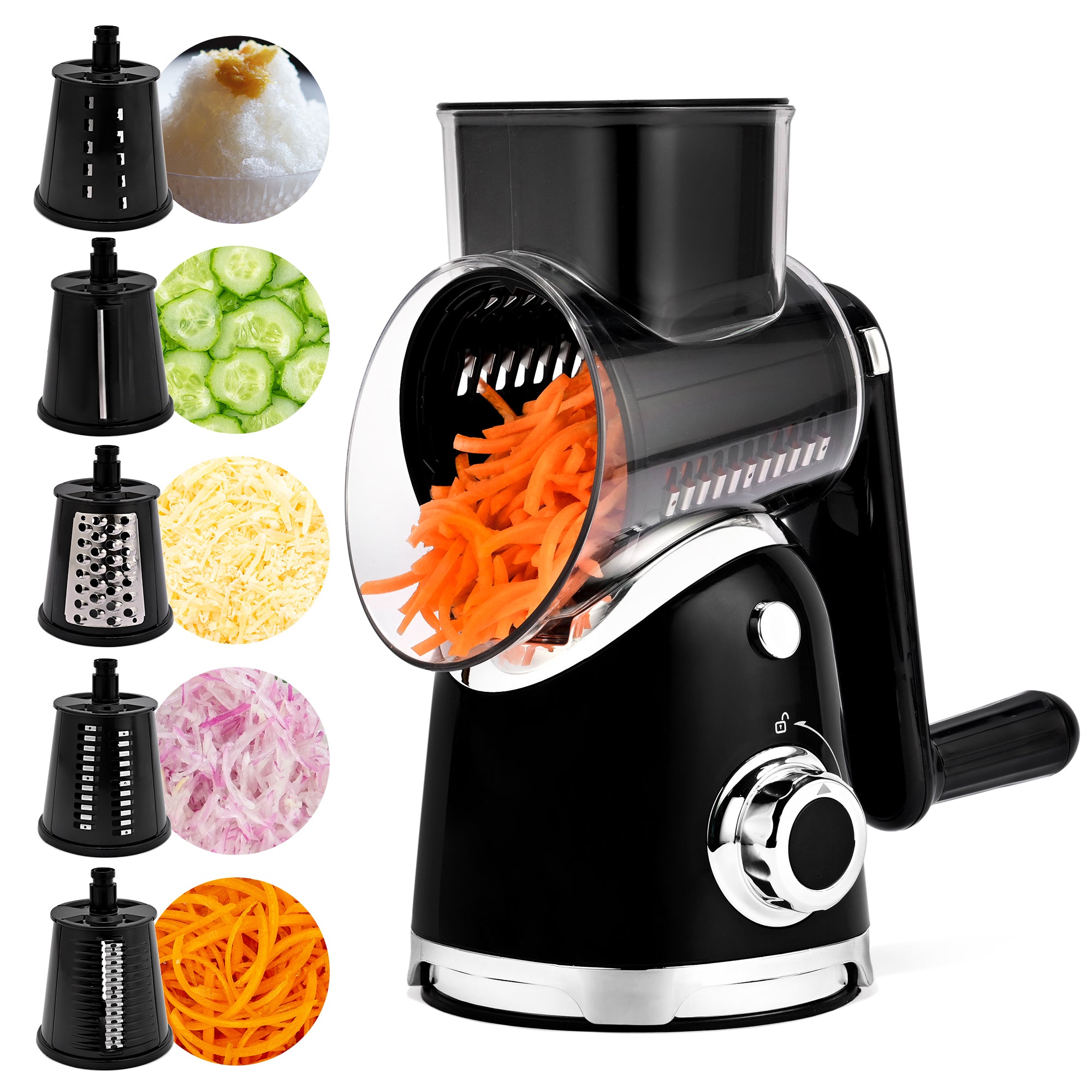 SUSTEAS New Rotary Cheese Grater & Vegetable Shredder with 5 Blades