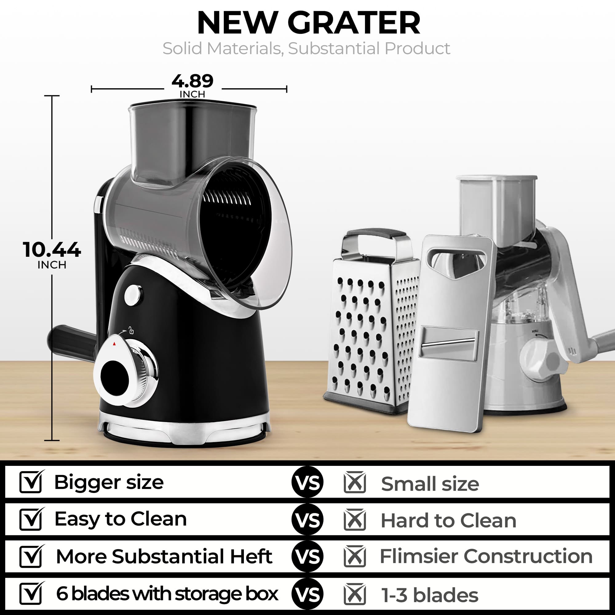 SUSTEAS New Rotary Cheese Grater & Vegetable Shredder with 5 Blades