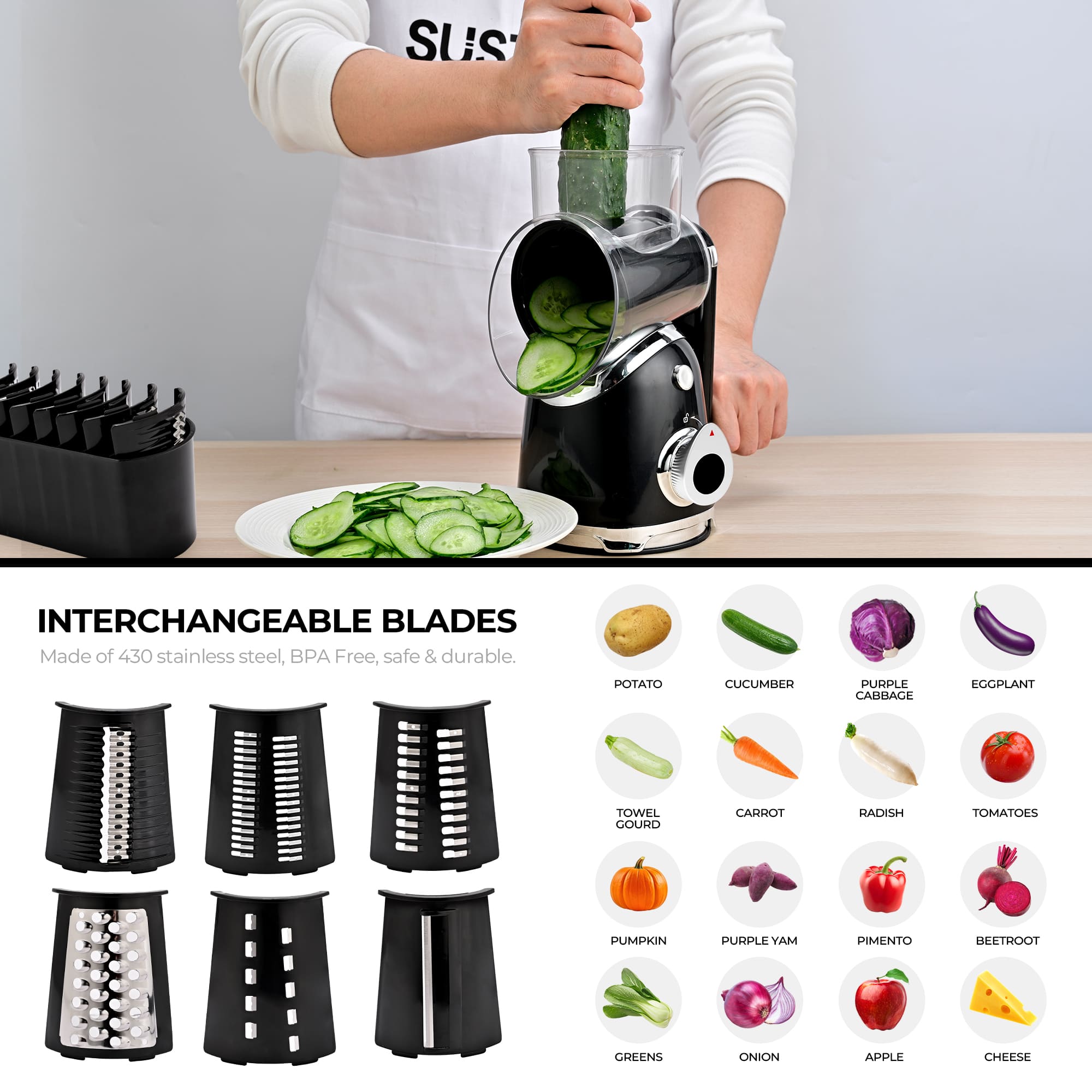 SUSTEAS New Rotary Cheese Grater & Vegetable Shredder with 5 Blades