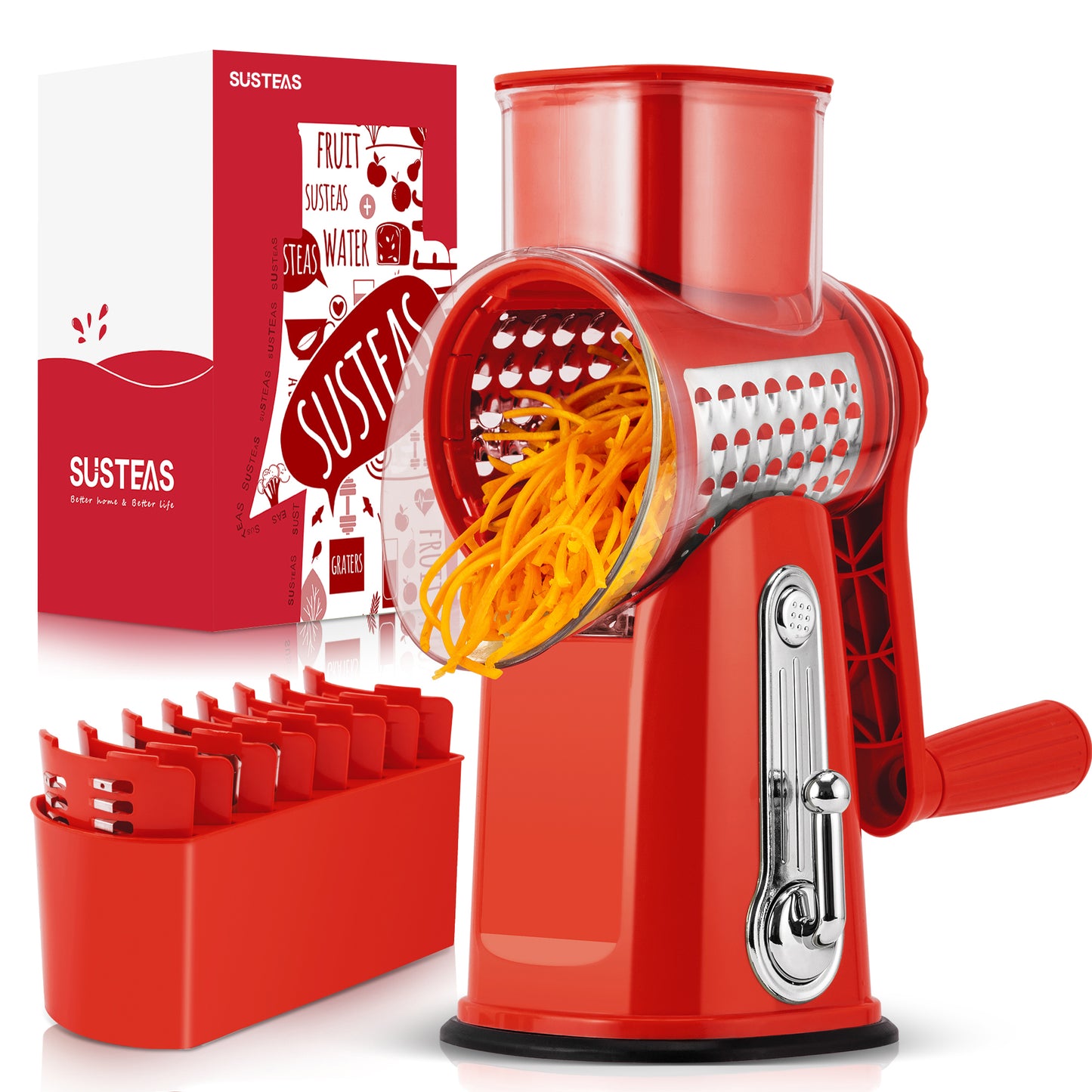 SUSTEAS Rotary Cheese Grater with Handle, Vegetable Food Shredder with 5 Well-designed Blades & Strong Suction Base, Round Mandoline Slicer & Fruit Slicer for Kitchen