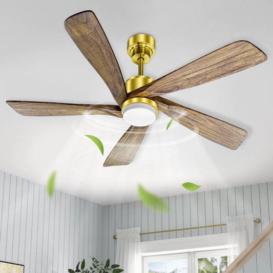 52 Inch Golden Low Profile Wood Ceiling Fan With Remote Control and Light, Reversible DC motor
