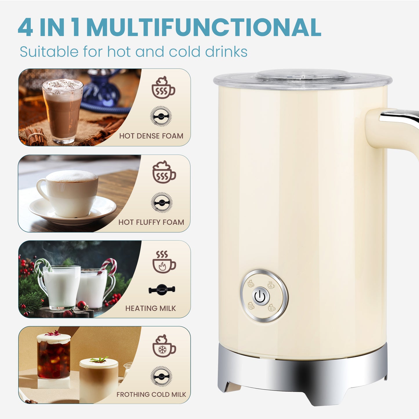 SUSTEAS Electric Milk Frother Mother's Day, 4-in-1 Electric Milk Steamer, 8.0oz/240ml Automatic Milk Foamer & Heater for Coffee, Latte, Cappuccino, Beige