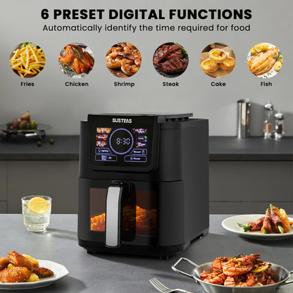 SUSTEAS Air Fryer 5-Quart, One-Touch Digital Control, 400°F High Heat, Non-Stick, 8 Preset Modes, French Fries, Chicken, Meat, Fish, Black