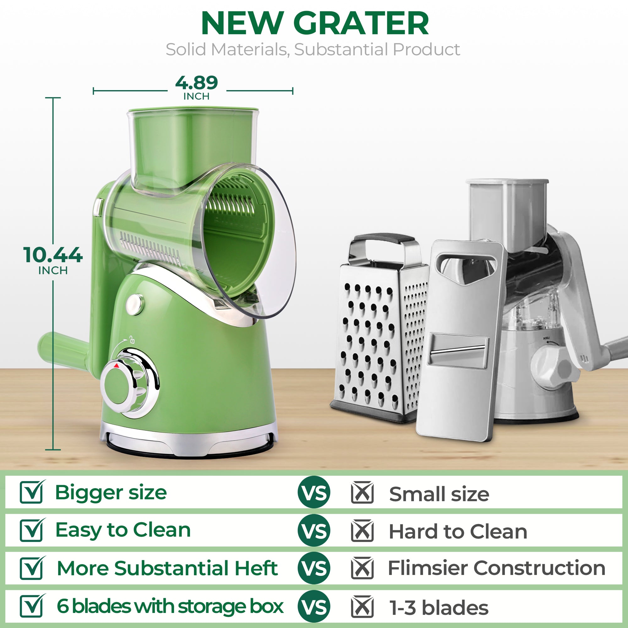 SUSTEAS New Rotary Cheese Grater & Vegetable Shredder with 5 Blades