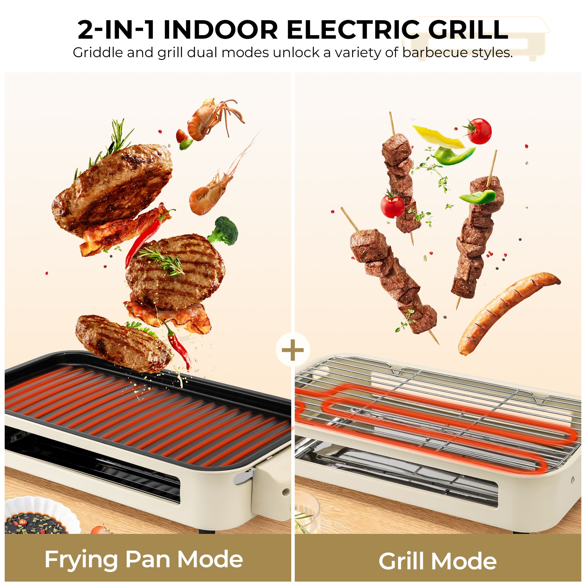 SUSTEAS Smokeless Indoor Electric Grill, Beige Color
