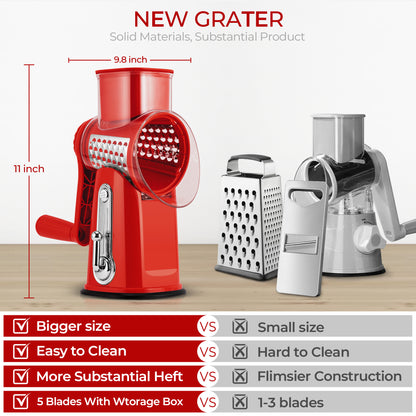 SUSTEAS Rotary Cheese Grater with Handle, Vegetable Food Shredder with 5 Well-designed Blades & Strong Suction Base, Round Mandoline Slicer & Fruit Slicer for Kitchen (Red)