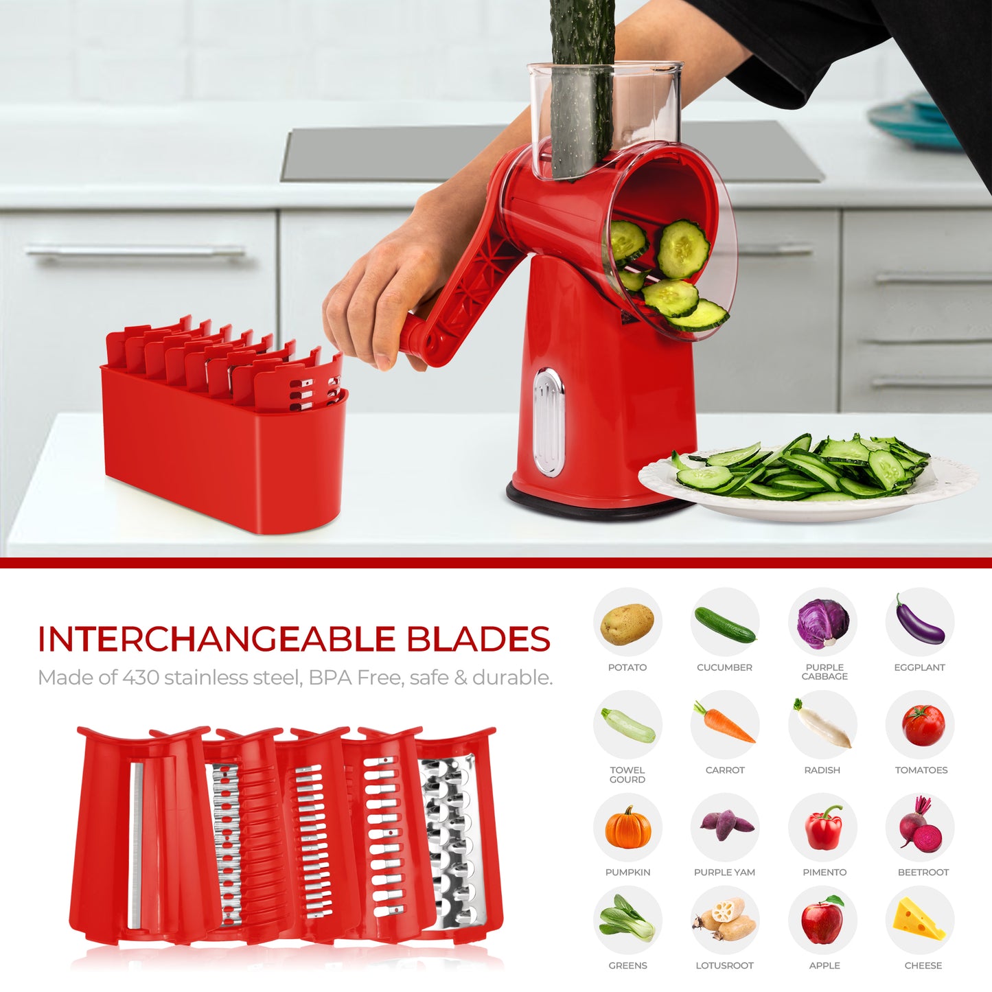 SUSTEAS Rotary Cheese Grater with Handle, Vegetable Food Shredder with 5 Well-designed Blades & Strong Suction Base, Round Mandoline Slicer & Fruit Slicer for Kitchen (Red)