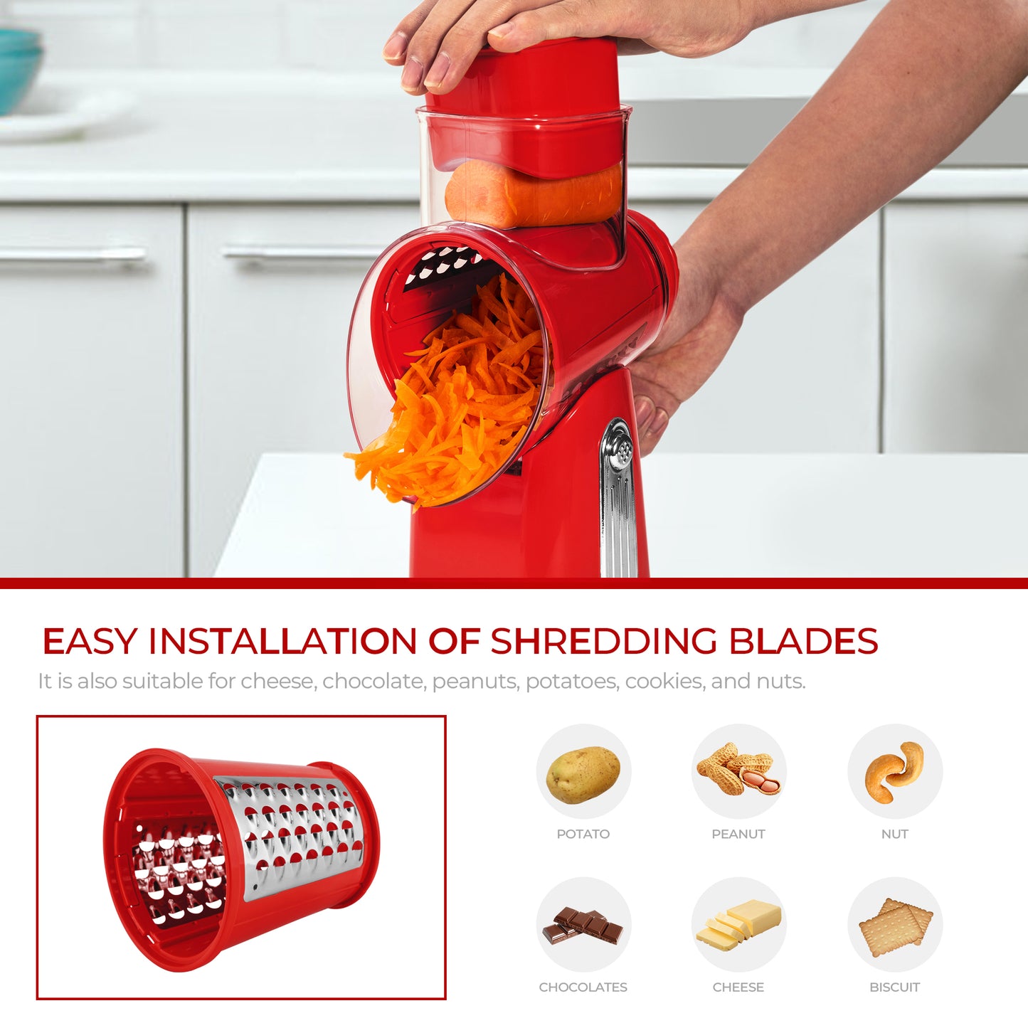 SUSTEAS Rotary Cheese Grater with Handle, Vegetable Food Shredder with 5 Well-designed Blades & Strong Suction Base, Round Mandoline Slicer & Fruit Slicer for Kitchen (Red)