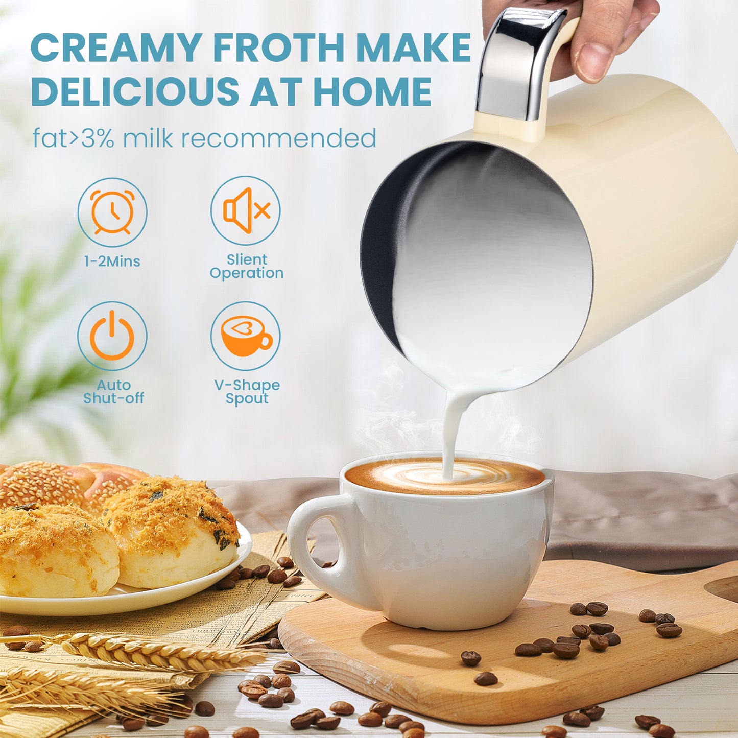 SUSTEAS Electric Milk Frother Mother's Day, 4-in-1 Electric Milk Steamer, 8.0oz/240ml Automatic Milk Foamer & Heater for Coffee, Latte, Cappuccino, Beige