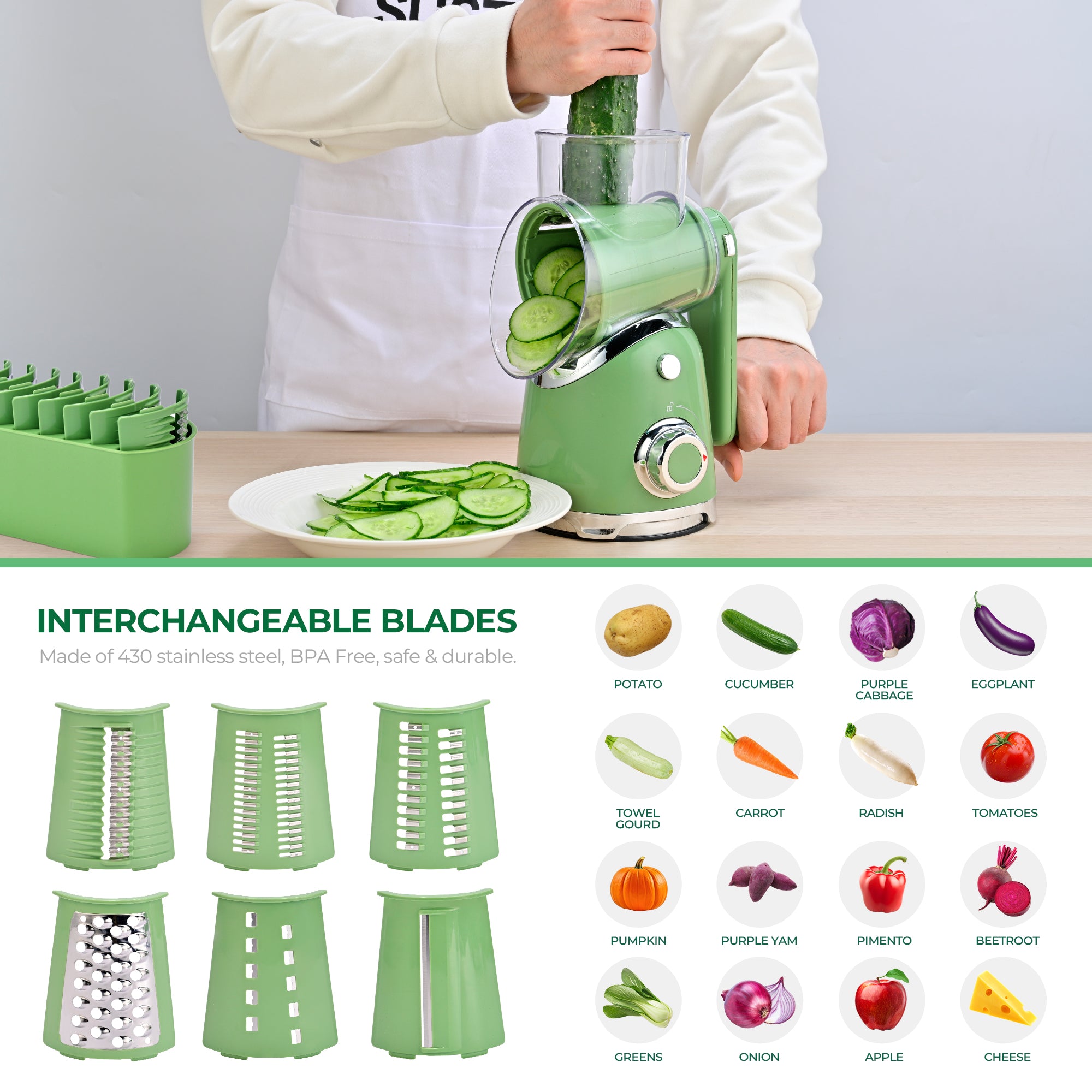 SUSTEAS New Rotary Cheese Grater & Vegetable Shredder with 5 Blades