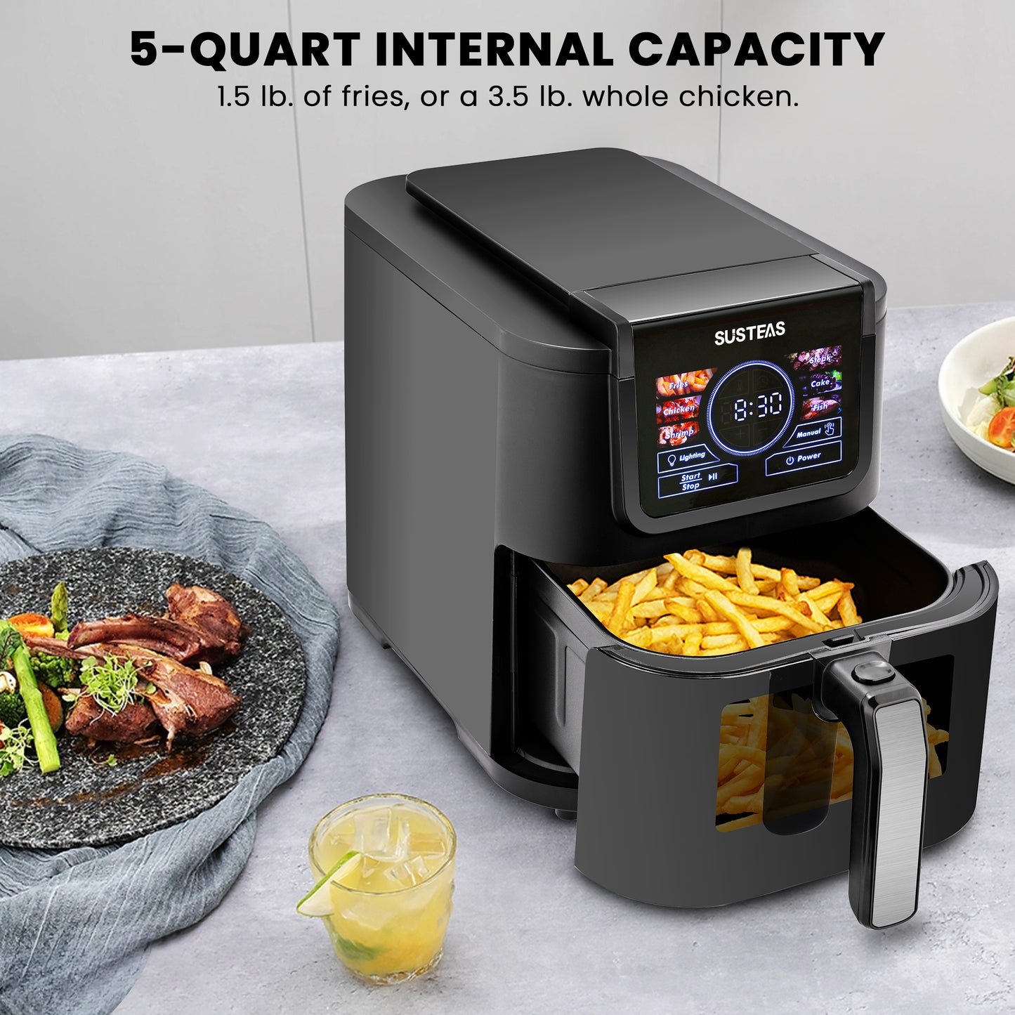 SUSTEAS Air Fryer 5-Quart, One-Touch Digital Control, 400°F High Heat, Non-Stick, 8 Preset Modes, French Fries, Chicken, Meat, Fish, Black