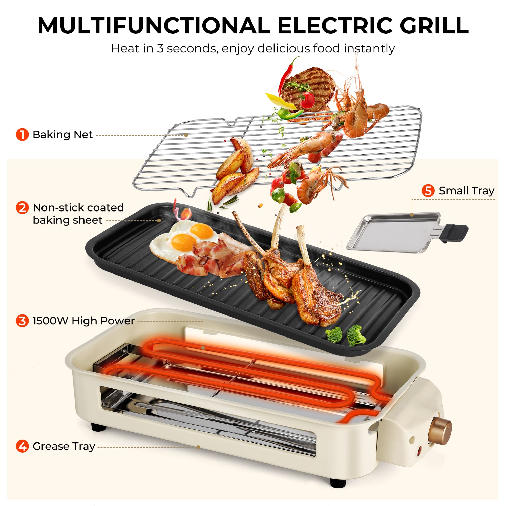 SUSTEAS Smokeless Indoor Electric Grill, Beige Color