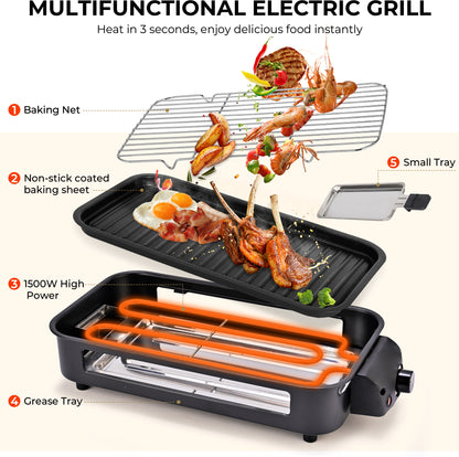 Black Indoor Smokeless Electric Grill, Non-Stick Cooking Removable Plate, Portable Electric Korean BBQ Grill with Removable Temperature Control, Dishwasher Safe, 1500W