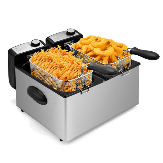 SUSTEAS Deep Fryer, 2 Baskets Electric Oil Fryer with 5.4QT/6L,3000W Timer Control Adjustable Temperature, Lid with Viewing Window and Odor Free Filter, Stainless Steel, Perfect for Kitchen, Fry Fish
