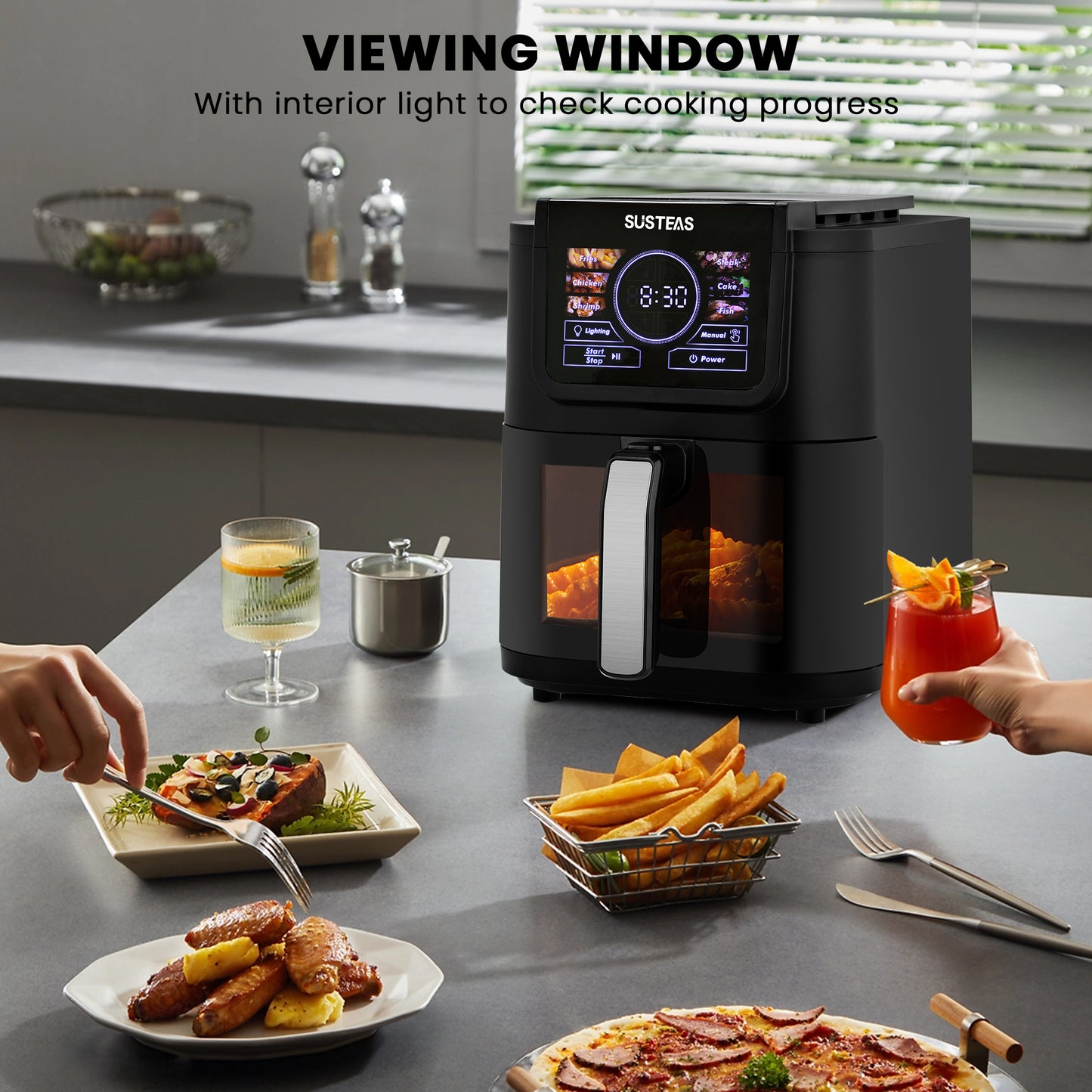 SUSTEAS Air Fryer 5-Quart, One-Touch Digital Control, 400°F High Heat, Non-Stick, 8 Preset Modes, French Fries, Chicken, Meat, Fish, Black