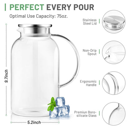 Susteas 2.2 Liter 75oz Glass Water Carafe with Lid