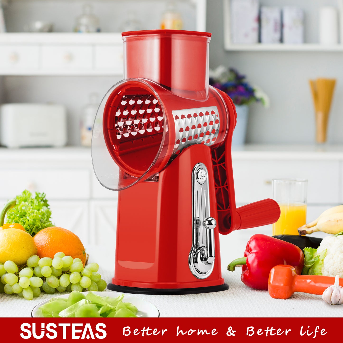 SUSTEAS Rotary Cheese Grater with Handle, Vegetable Food Shredder with 5 Well-designed Blades & Strong Suction Base, Round Mandoline Slicer & Fruit Slicer for Kitchen (Red)