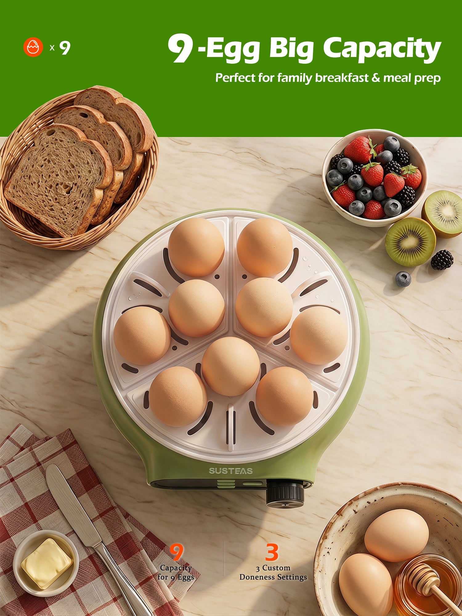 Rapid Egg Cooker 9 Eggs Capacity, Soft, Medium, Hard Boiled Egg Cooker ZD7000