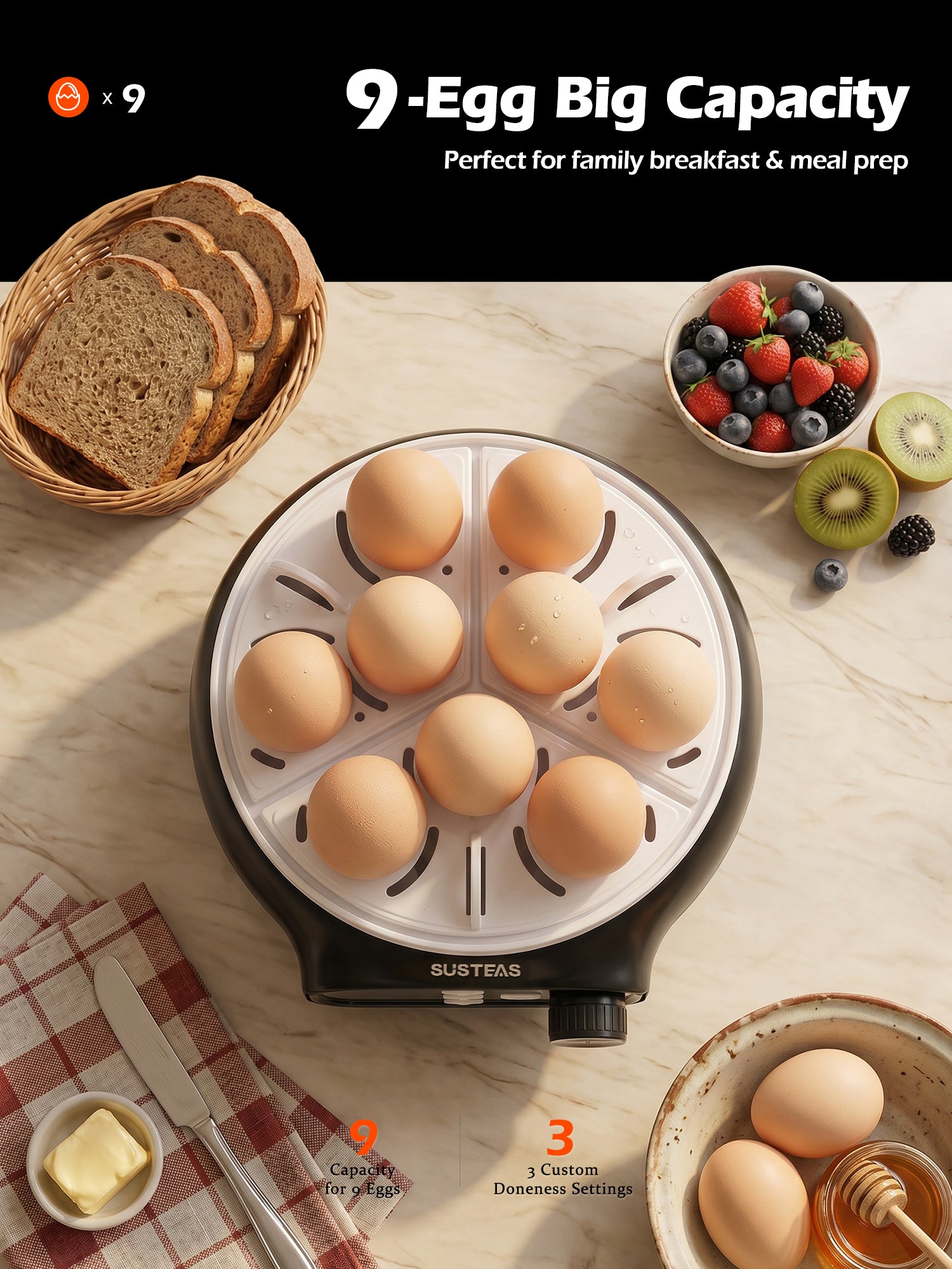Rapid Egg Cooker 9 Eggs Capacity, Soft, Medium, Hard Boiled Egg Cooker ZD7000