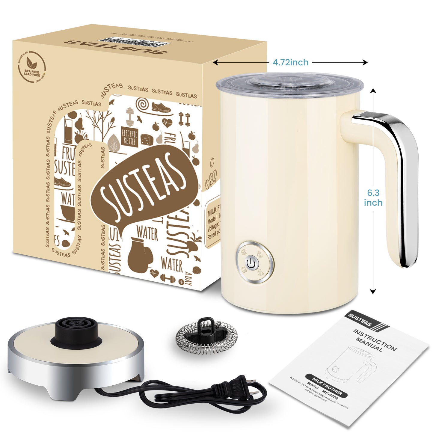 SUSTEAS Electric Milk Frother Mother's Day, 4-in-1 Electric Milk Steamer, 8.0oz/240ml Automatic Milk Foamer & Heater for Coffee, Latte, Cappuccino, Beige