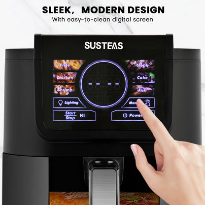 SUSTEAS Air Fryer 5-Quart, One-Touch Digital Control, 400°F High Heat, Non-Stick, 8 Preset Modes, French Fries, Chicken, Meat, Fish, Black