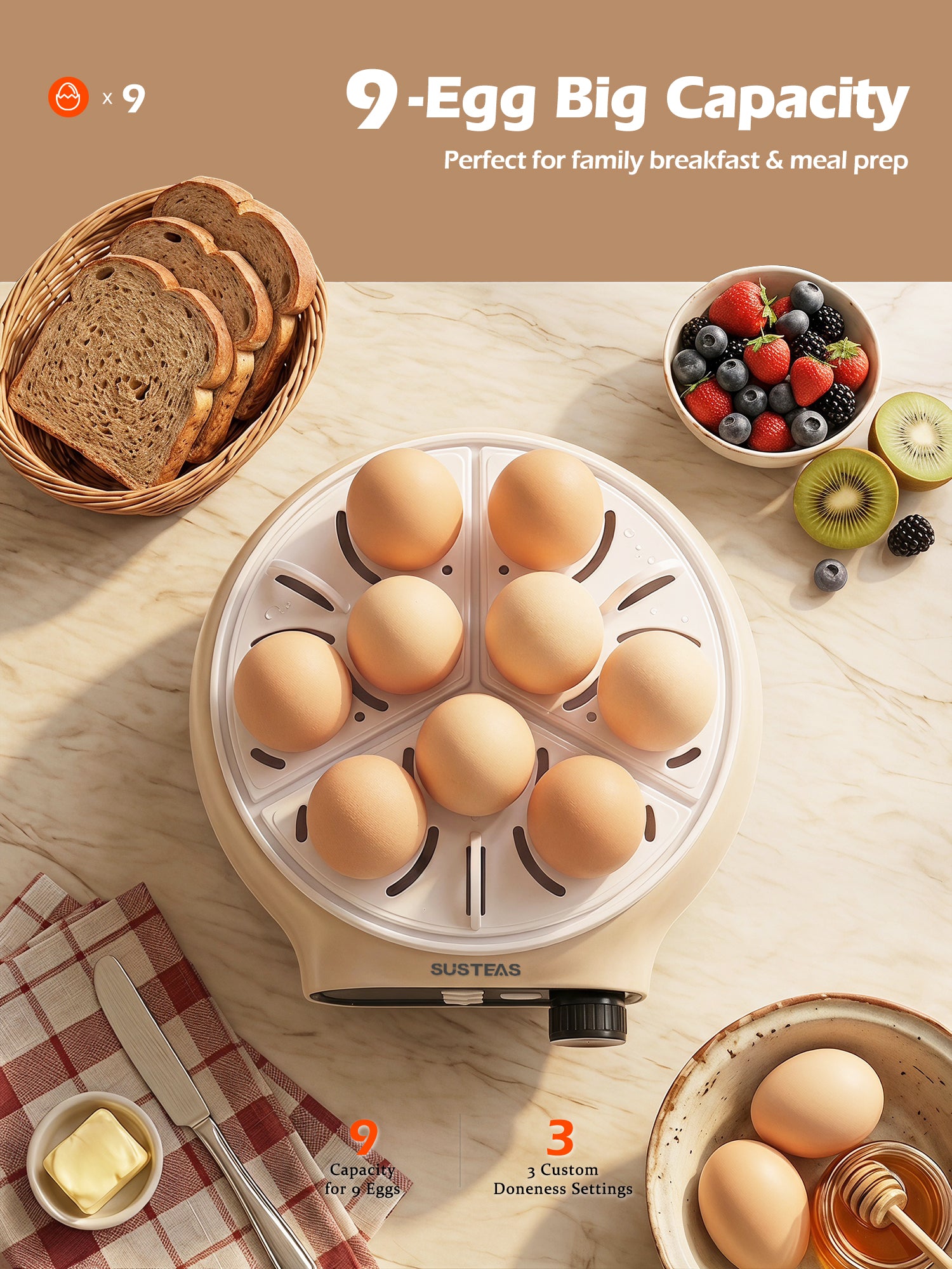 Rapid Egg Cooker 9 Eggs Capacity, Soft, Medium, Hard Boiled Egg Cooker ZD7000