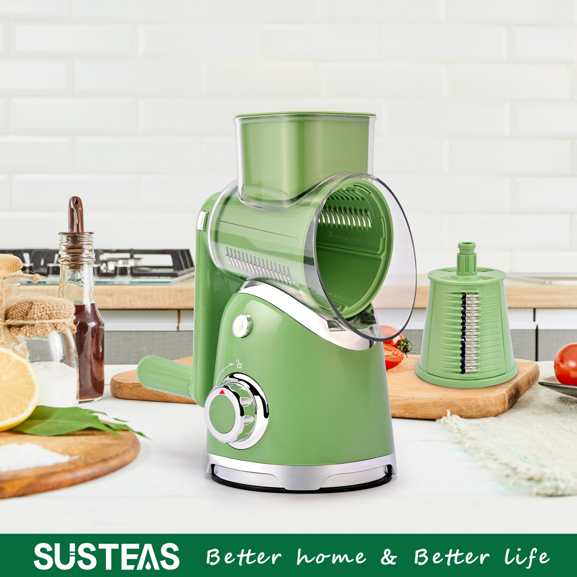 SUSTEAS New Rotary Cheese Grater & Vegetable Shredder with 5 Blades