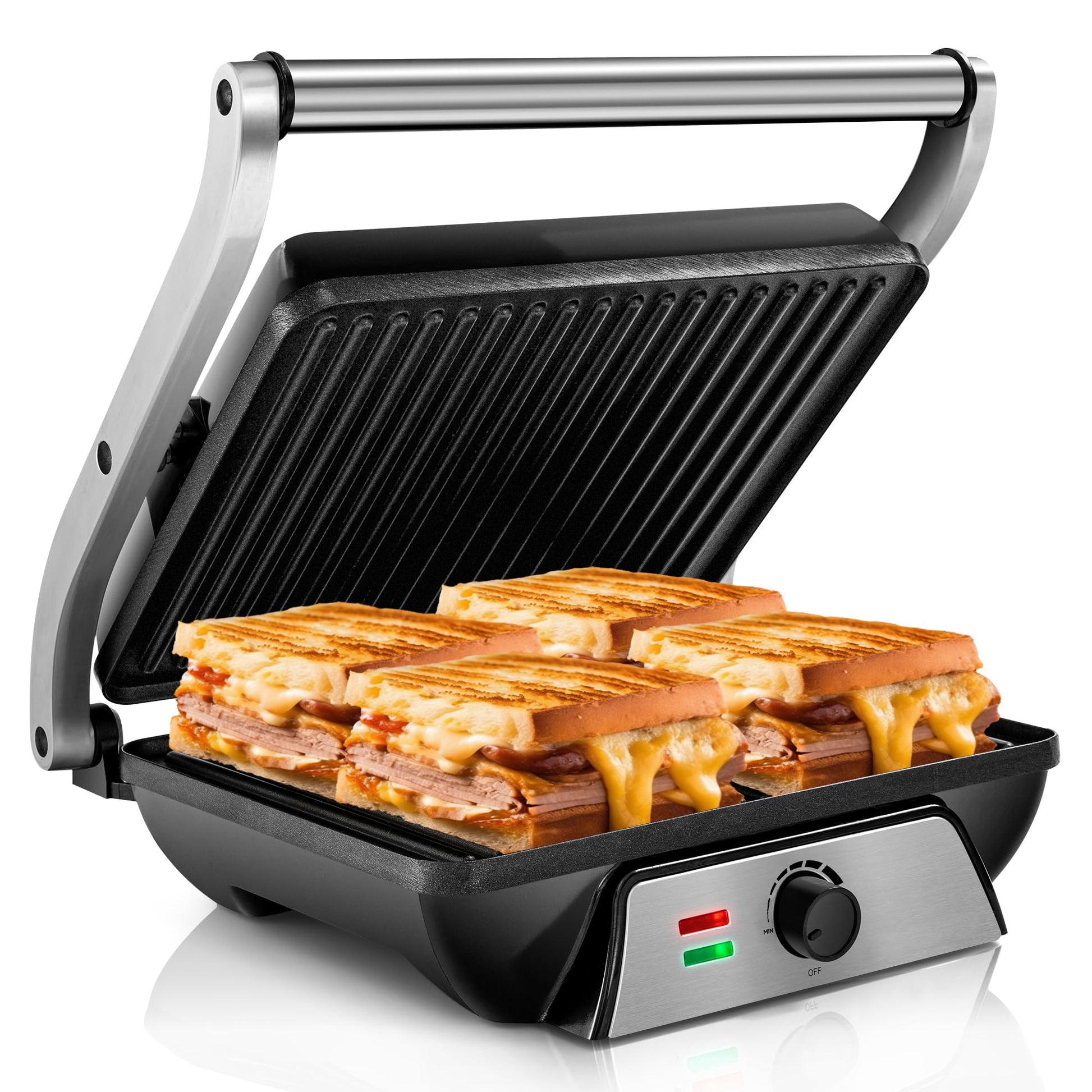 Panini Press Sandwich Maker, 2 Slice Stainless Steel Panini Press Grill,  Non-Stick Sandwich Press Maker with Removable Drip Tray for Any Thickness