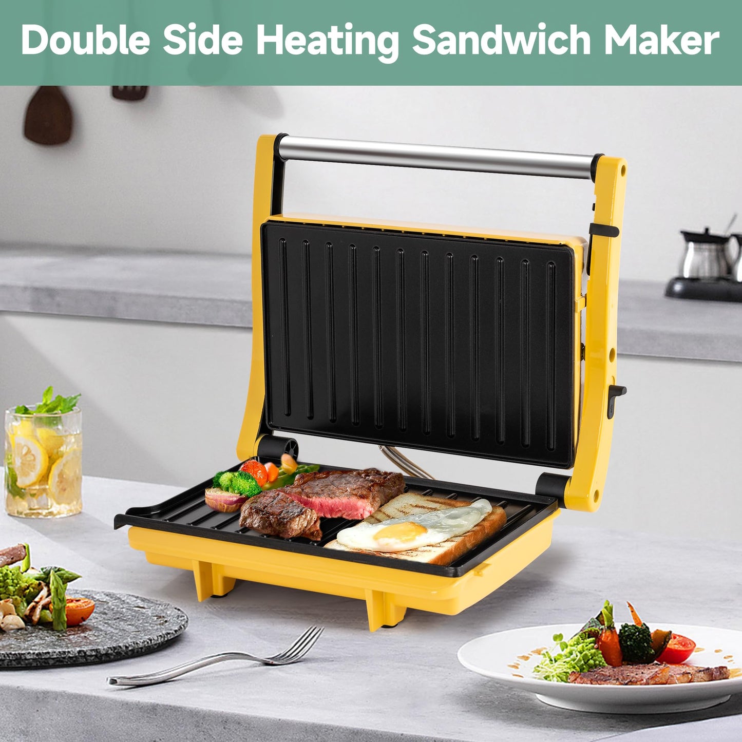 SUSTEAS 3-in-1 Electric Indoor Grill (Yellow)- Panini Press with Non-Stick Cooking Plates