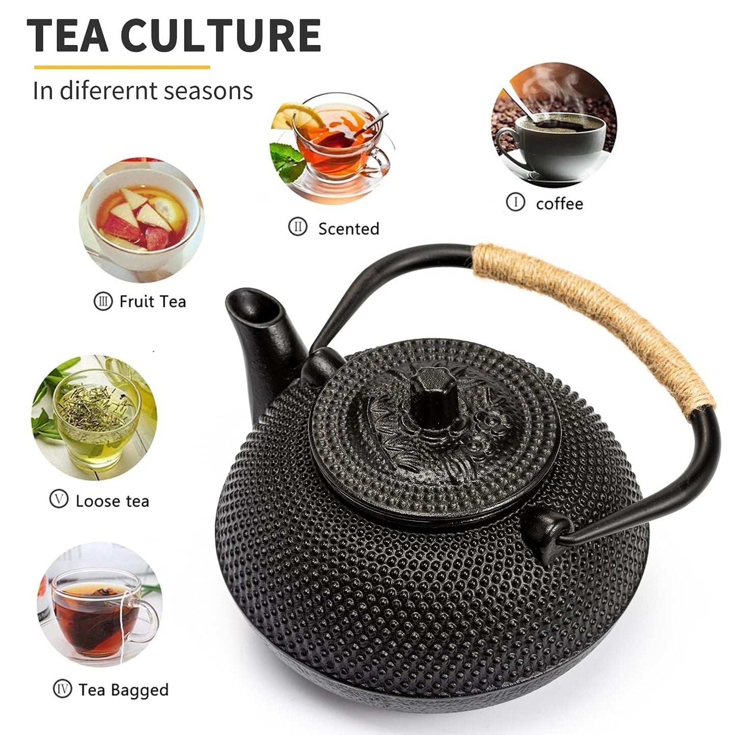 Japanese Tetsubin Tea Kettle Cast Iron Black Teapot with Stainless Steel Infuser (900ml)