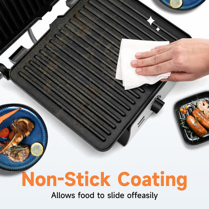 SUSTEAS 3-in-1 Electric Indoor Grill - Panini Press with Non-Stick Cooking Plates, Sandwich Maker with Grease Tray