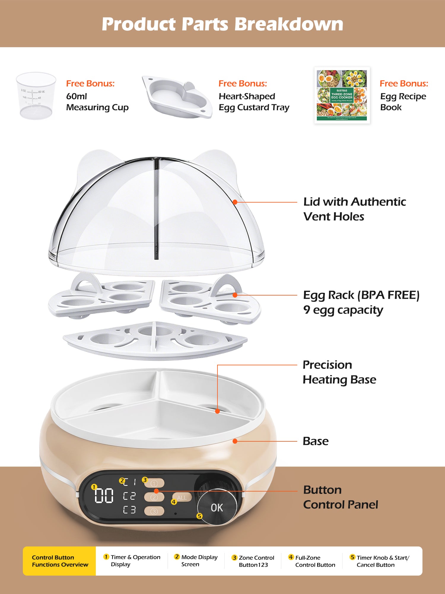Rapid Egg Cooker 9 Eggs Capacity, Soft, Medium, Hard Boiled Egg Cooker ZD7000