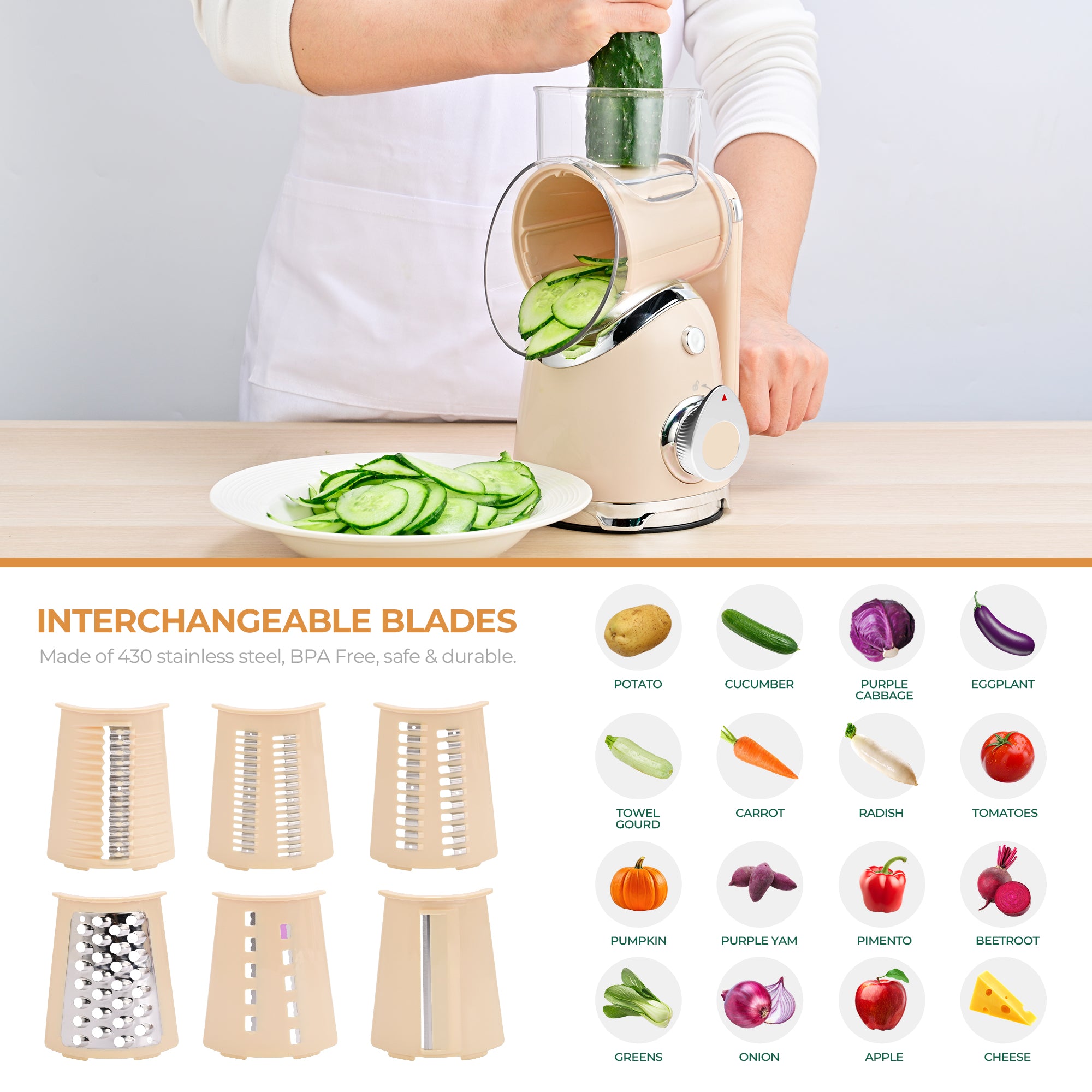Rotary Cheese Grater 6 Blades Vegetable Slicer with Suction Base A911