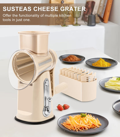 SUSTEAS Rotary Cheese Grater with Handle, Vegetable Food Shredder with 5 Well-designed Blades & Strong Suction Base, Round Mandoline Slicer & Fruit Slicer for Kitchen (Beige)