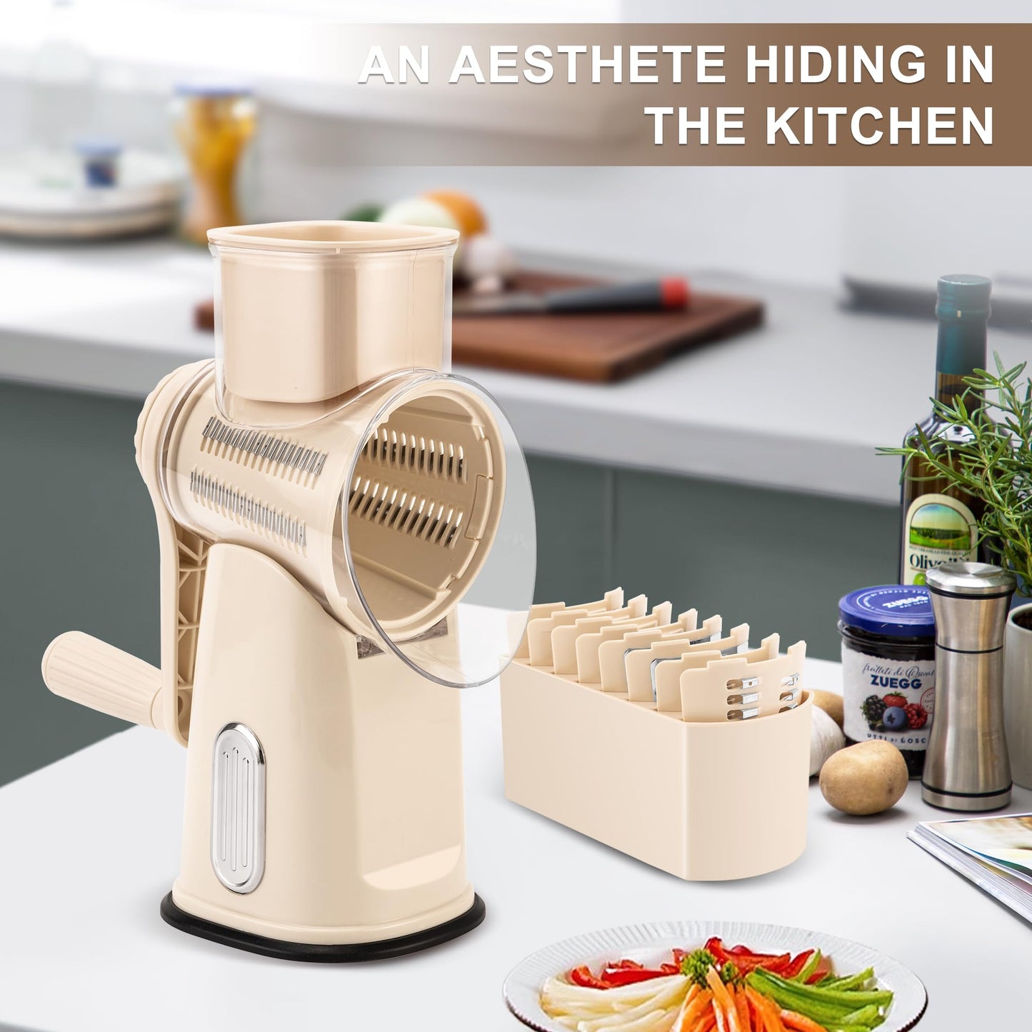 SUSTEAS Rotary Cheese Grater with Handle, Vegetable Food Shredder with 5 Well-designed Blades & Strong Suction Base, Round Mandoline Slicer & Fruit Slicer for Kitchen (Beige)