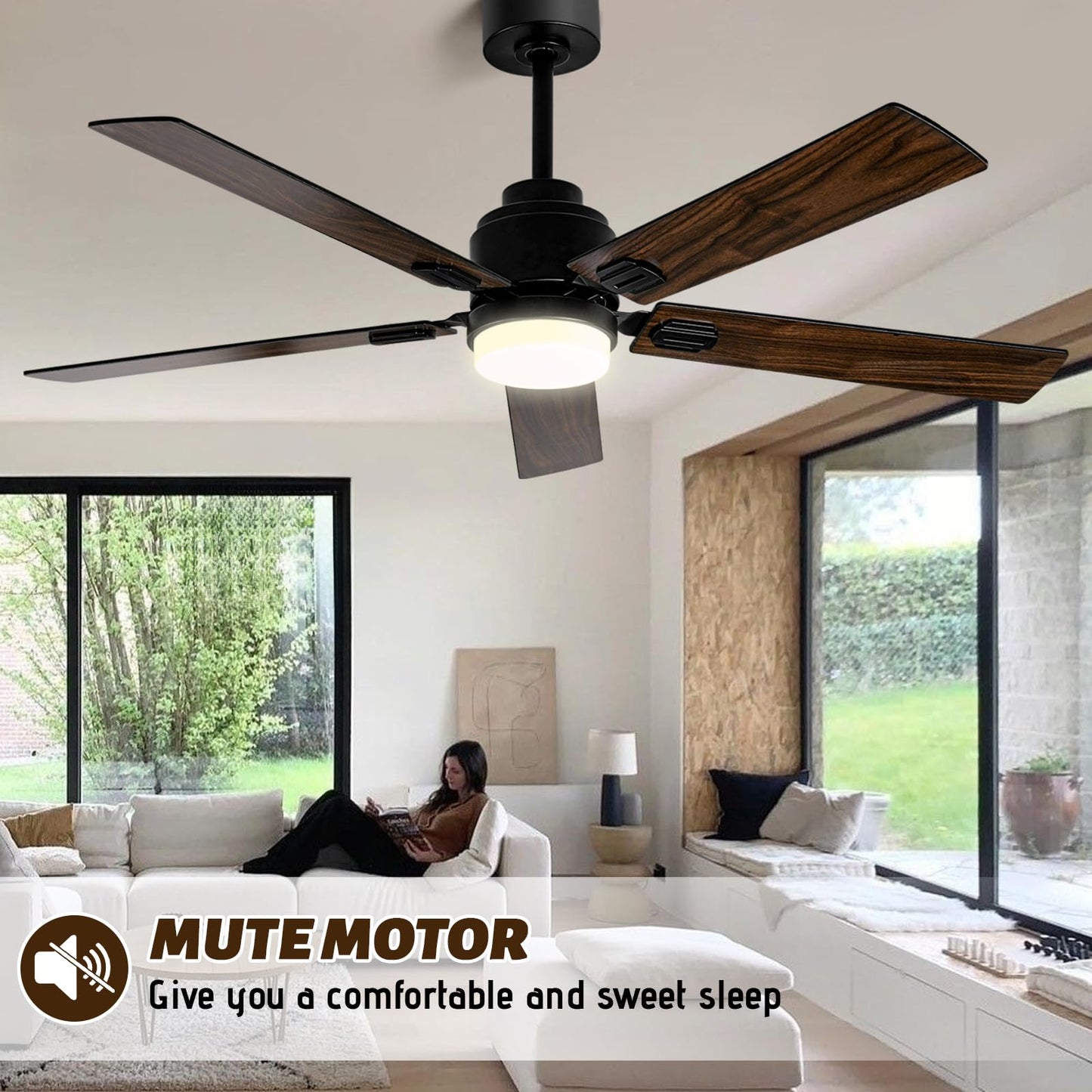 52 Inch Black Low Profile Wood Ceiling Fan With Remote Control and Light, Reversible DC motor