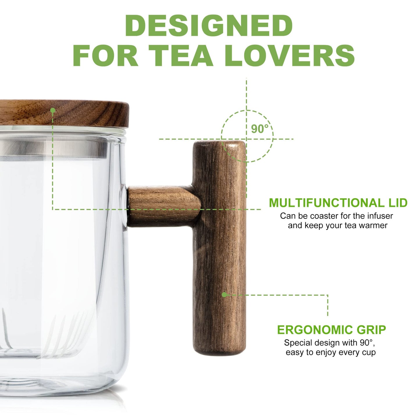 Susteas Glass Tea Cup with Lid and Infuser(Clear)