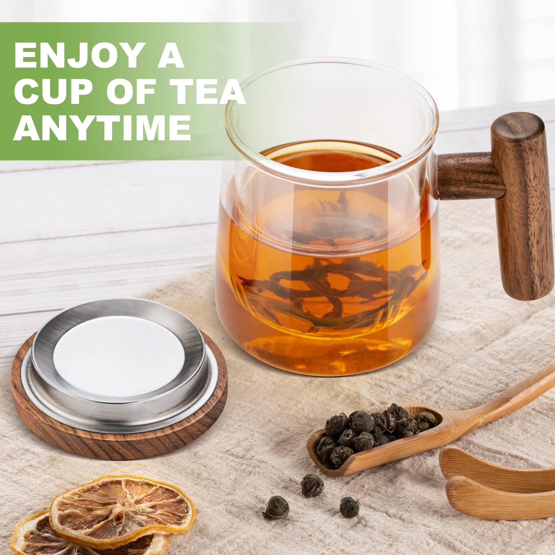 Glass Teacup with Infuser and Lid, Glass Tea Mug, Big Tea Cup with Wood  Handle for Loose Leaf Tea