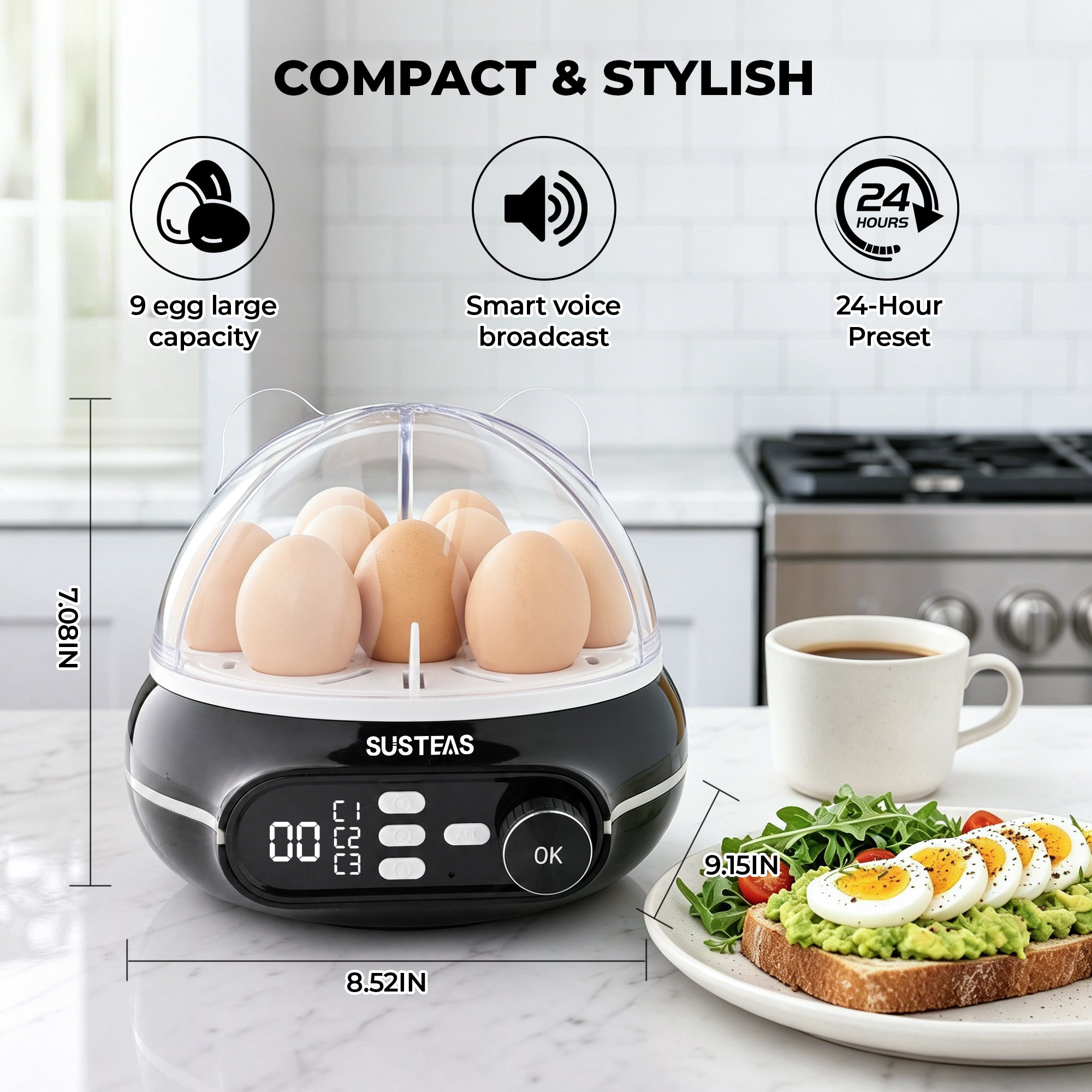 Rapid Egg Cooker 9 Eggs Capacity, Soft, Medium, Hard Boiled Egg Cooker
