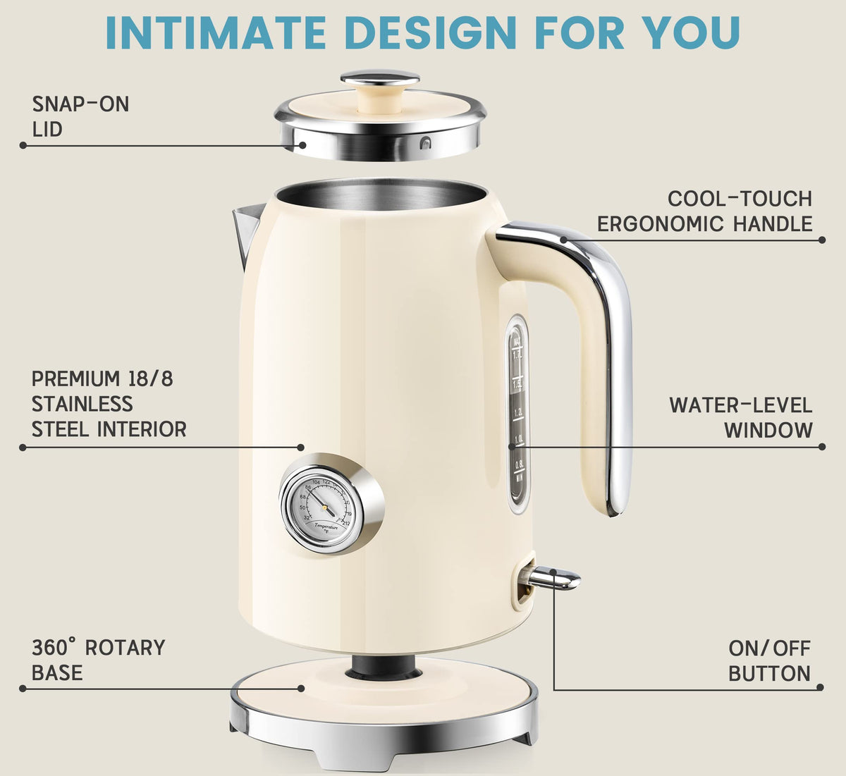 Electric Kettle Fast Boiling 1.7L Stainless Steel Auto Shut Off for Home KE1309BT - SUSTEAS
