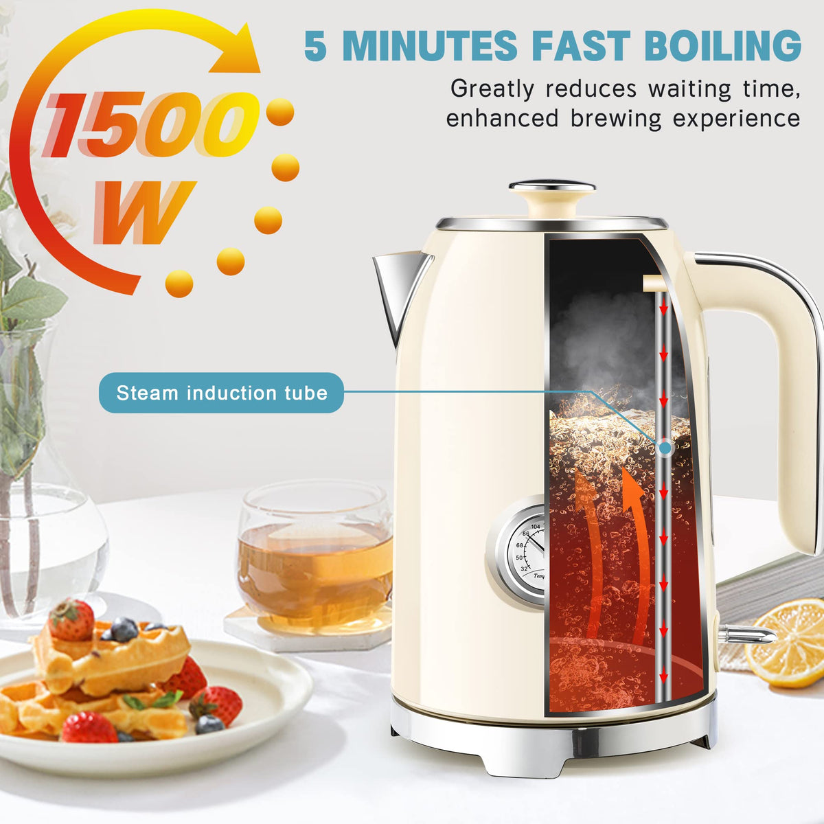 Electric Kettle Fast Boiling 1.7L Stainless Steel Auto Shut Off for Home KE1309BT - SUSTEAS