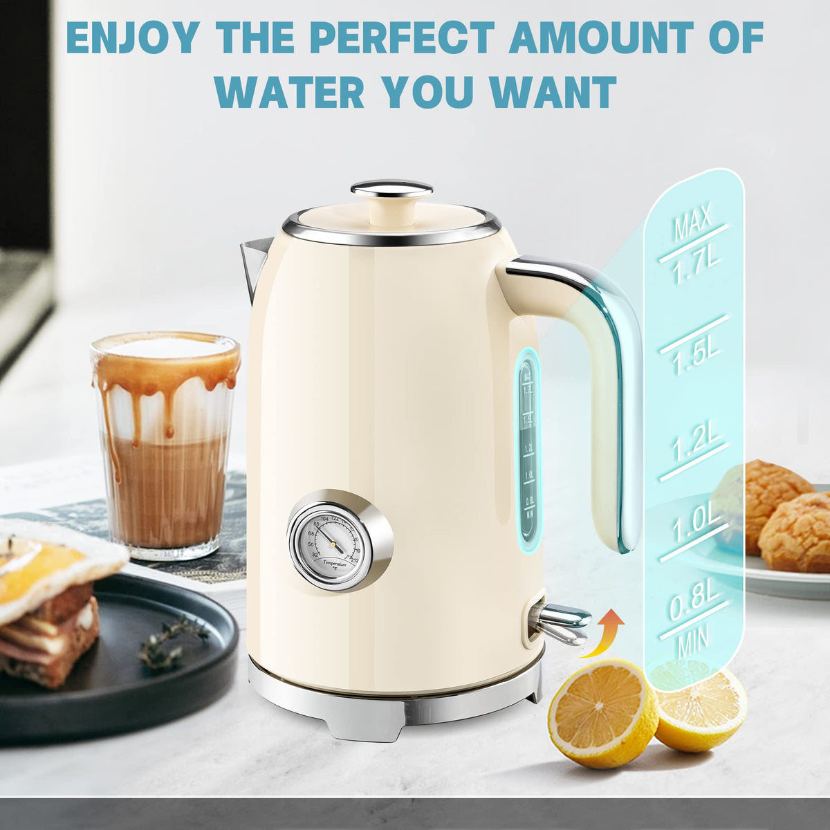 Electric Kettle Fast Boiling 1.7L Stainless Steel Auto Shut Off for Home KE1309BT - SUSTEAS