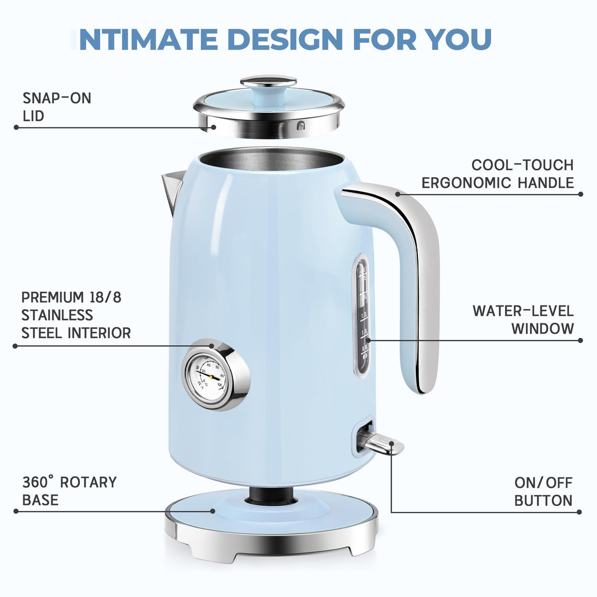 Electric Kettle Fast Boiling 1.7L Stainless Steel Auto Shut Off for Home KE1309BT - SUSTEAS