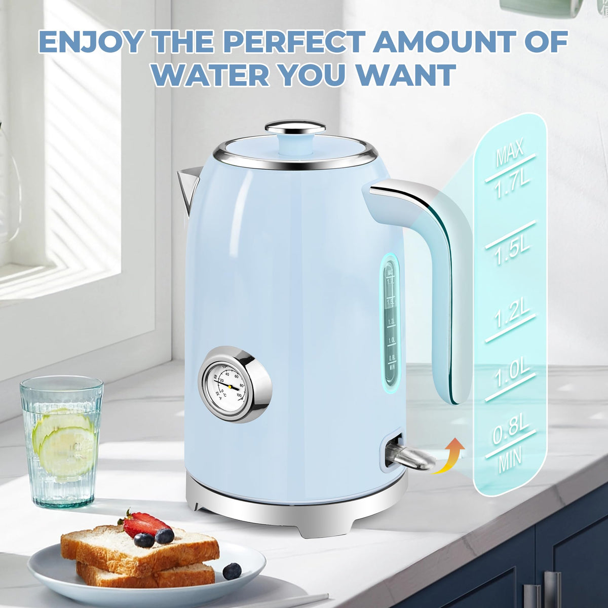 Electric Kettle Fast Boiling 1.7L Stainless Steel Auto Shut Off for Home KE1309BT - SUSTEAS