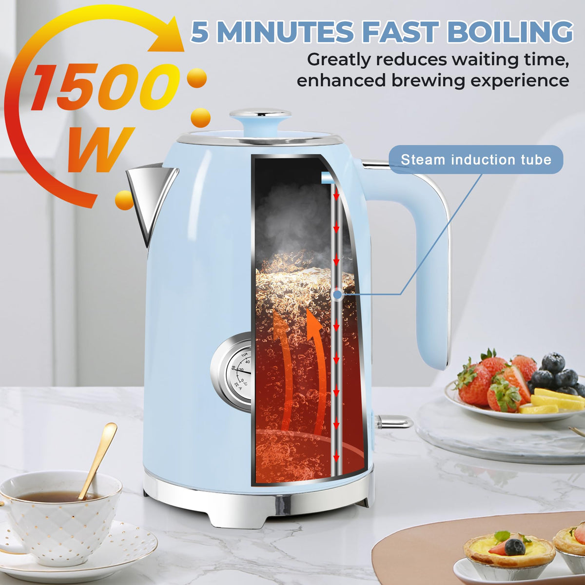 Electric Kettle Fast Boiling 1.7L Stainless Steel Auto Shut Off for Home KE1309BT - SUSTEAS