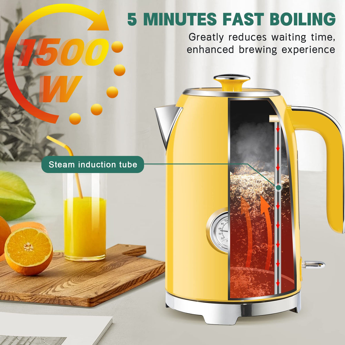 Electric Kettle Fast Boiling 1.7L Stainless Steel Auto Shut Off for Home KE1309BT - SUSTEAS