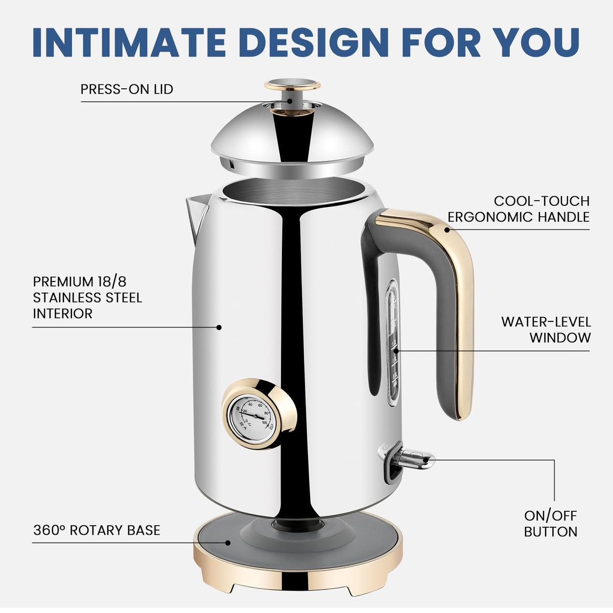 Electric Kettle Fast Boiling 1.7L Stainless Steel Auto Shut Off for Home KE1309BT - SUSTEAS
