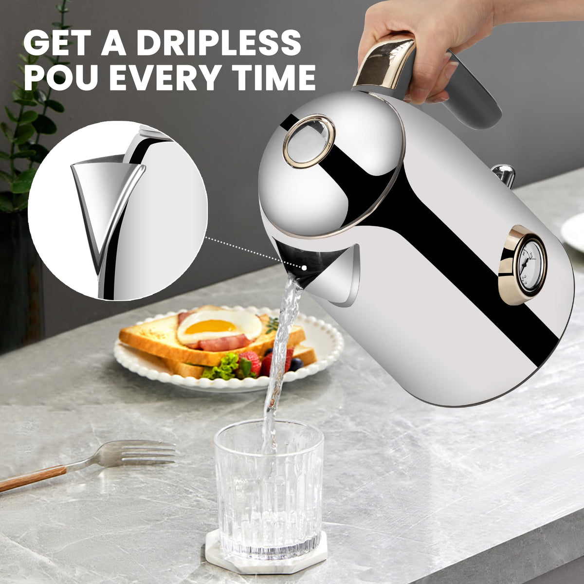 Electric Kettle Fast Boiling 1.7L Stainless Steel Auto Shut Off for Home KE1309BT - SUSTEAS