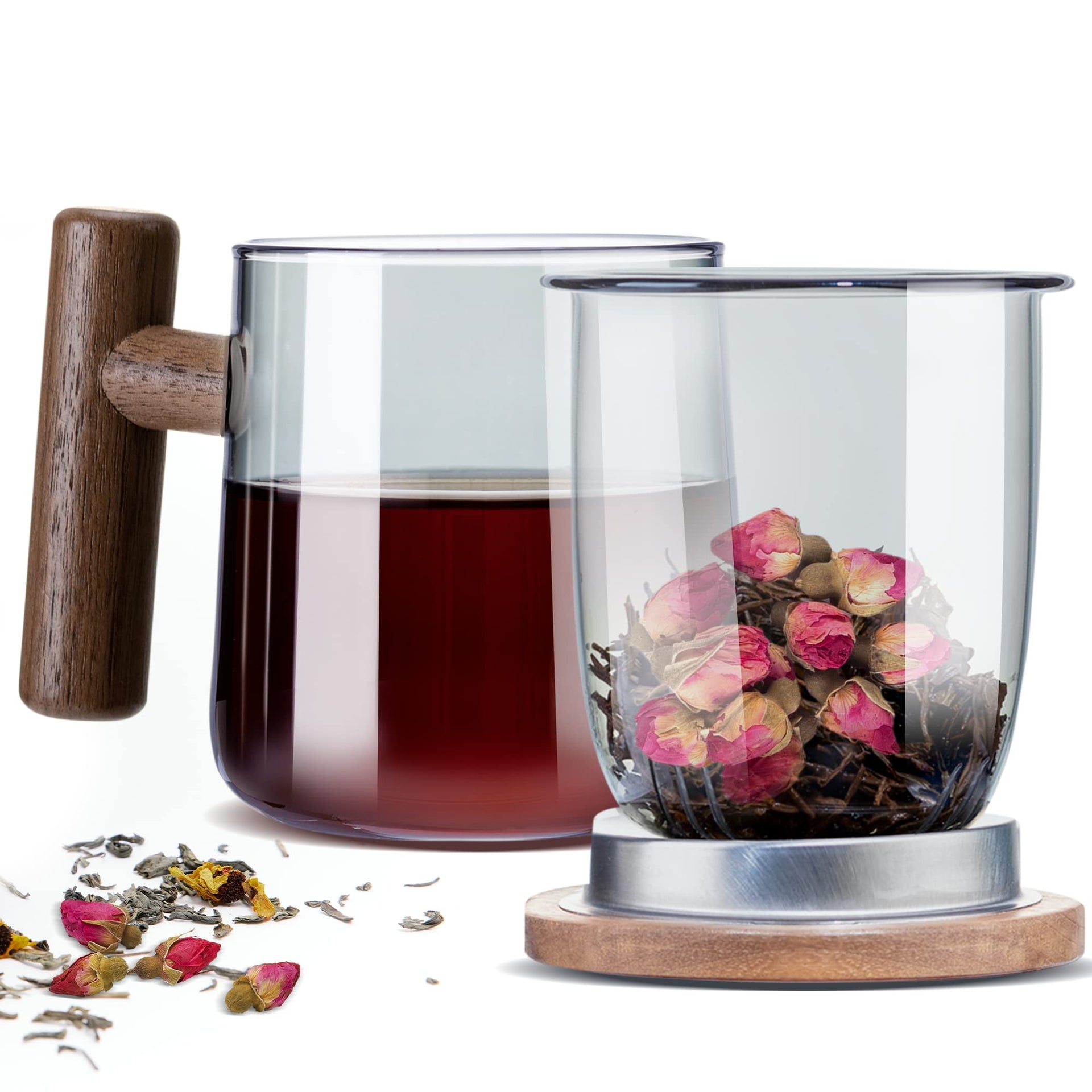 Personal Clear Heat Resistant Borosilicate Glass Teapot Tea Set & Infuser  400ml and 4 Handle Tea Cups 